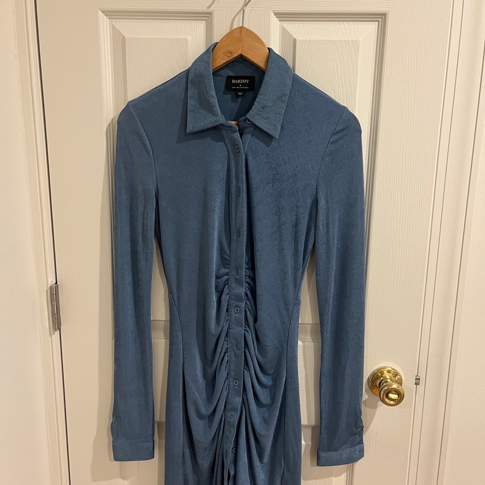 Bardot Blue Ruched Long Sleeve Shirt Dress